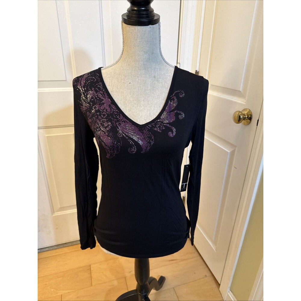 WHIMSIGOTH TEE Tahari Black And Purple V-Neck Stretch Rayon Top Women’s Size XS